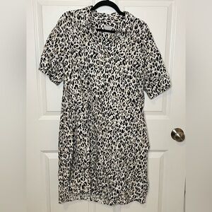 Chico’s Leopard Print 100% Linen Shirt Midi Dress Tunic Button Front Size 2